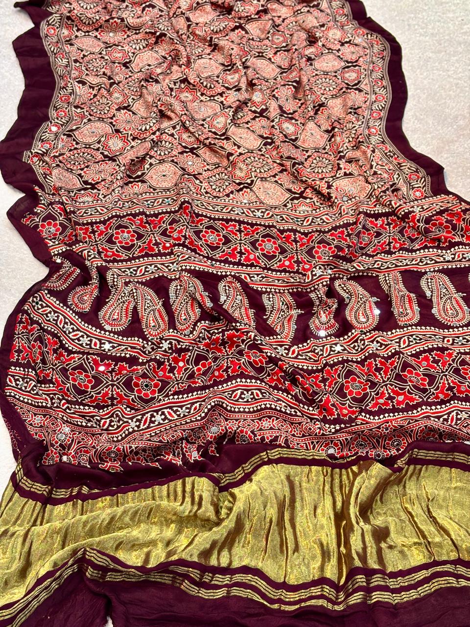 Ajrakh Modal Gaji Bandhej Silk Saree with Lagadi Patta & Mirror Work