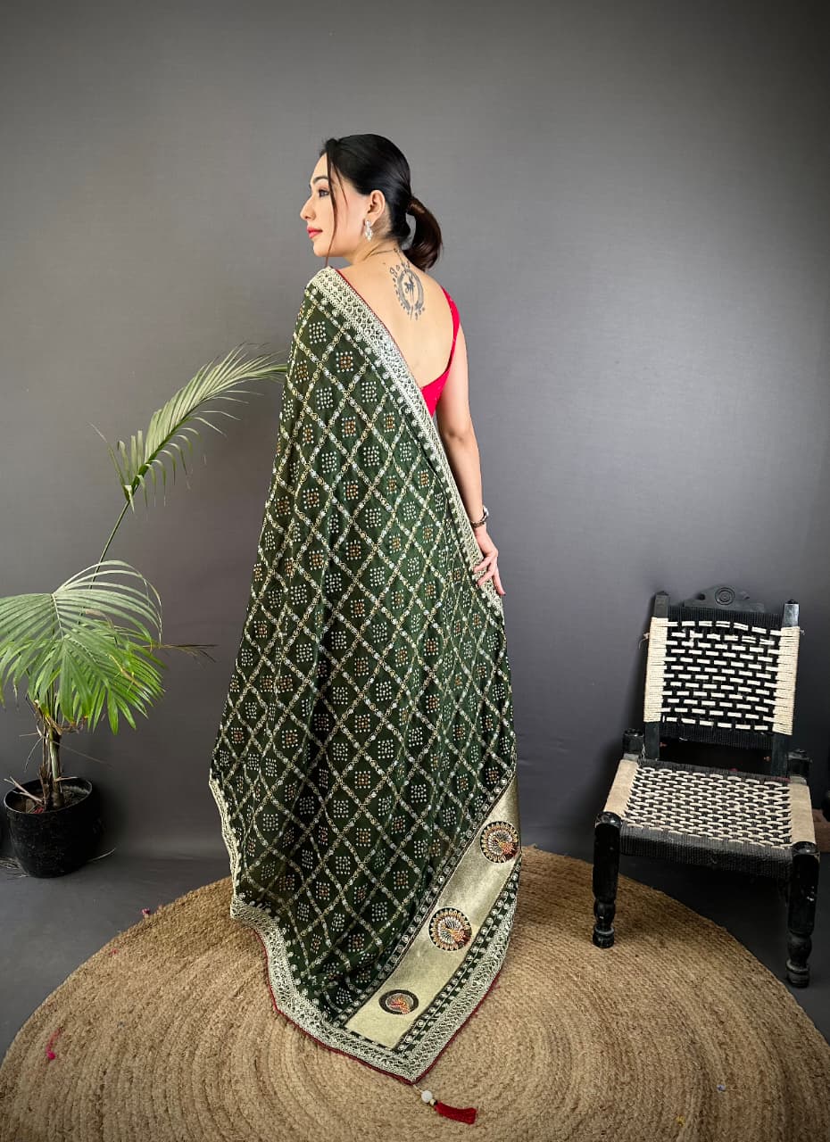 Traditional blooming vichitra khadi bandhej silk saree with sequence work