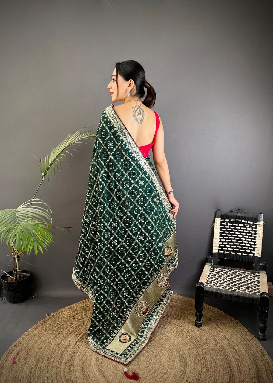 Traditional blooming vichitra khadi bandhej silk saree with sequence work