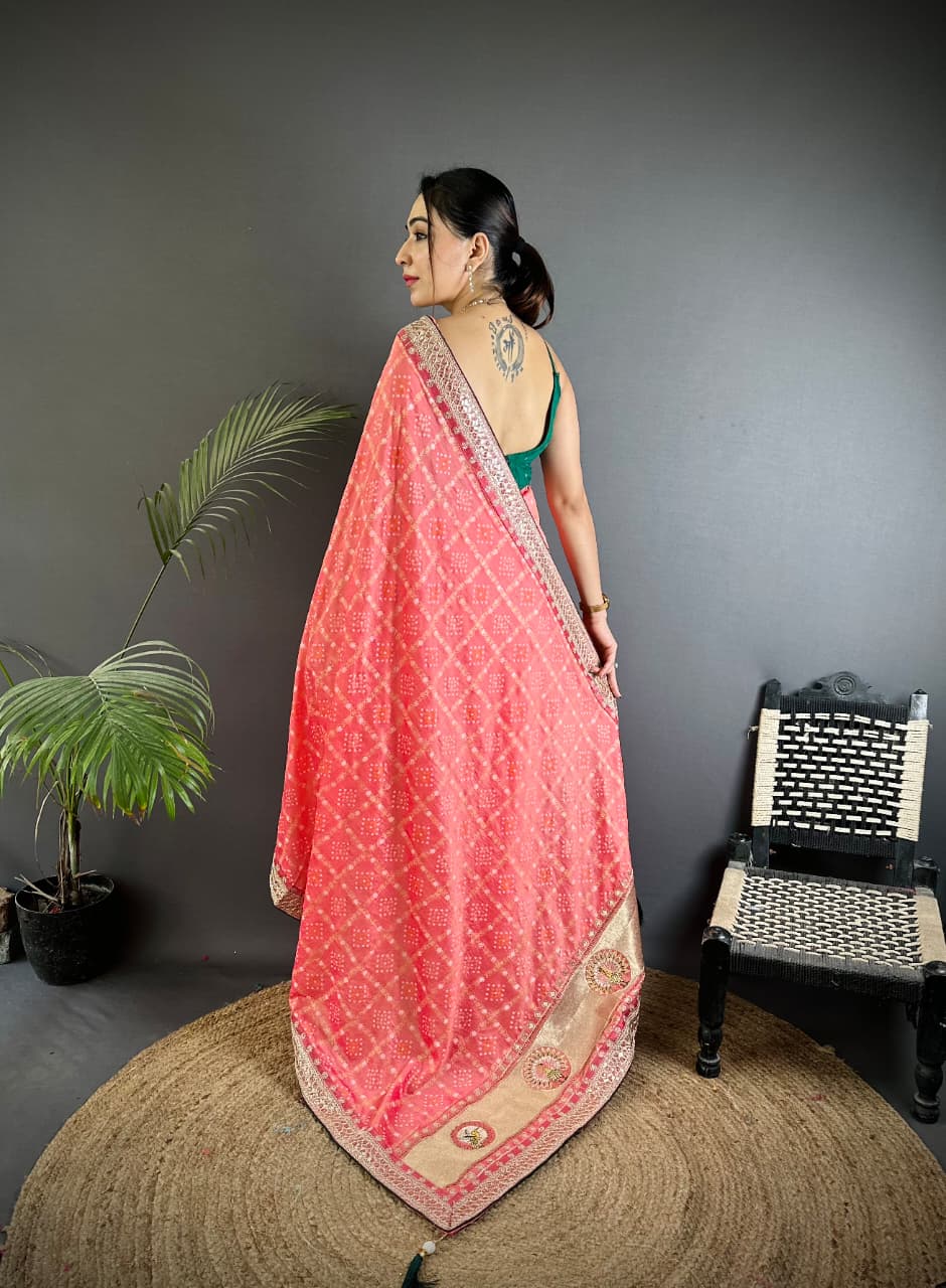 Traditional blooming vichitra khadi bandhej silk saree with sequence work