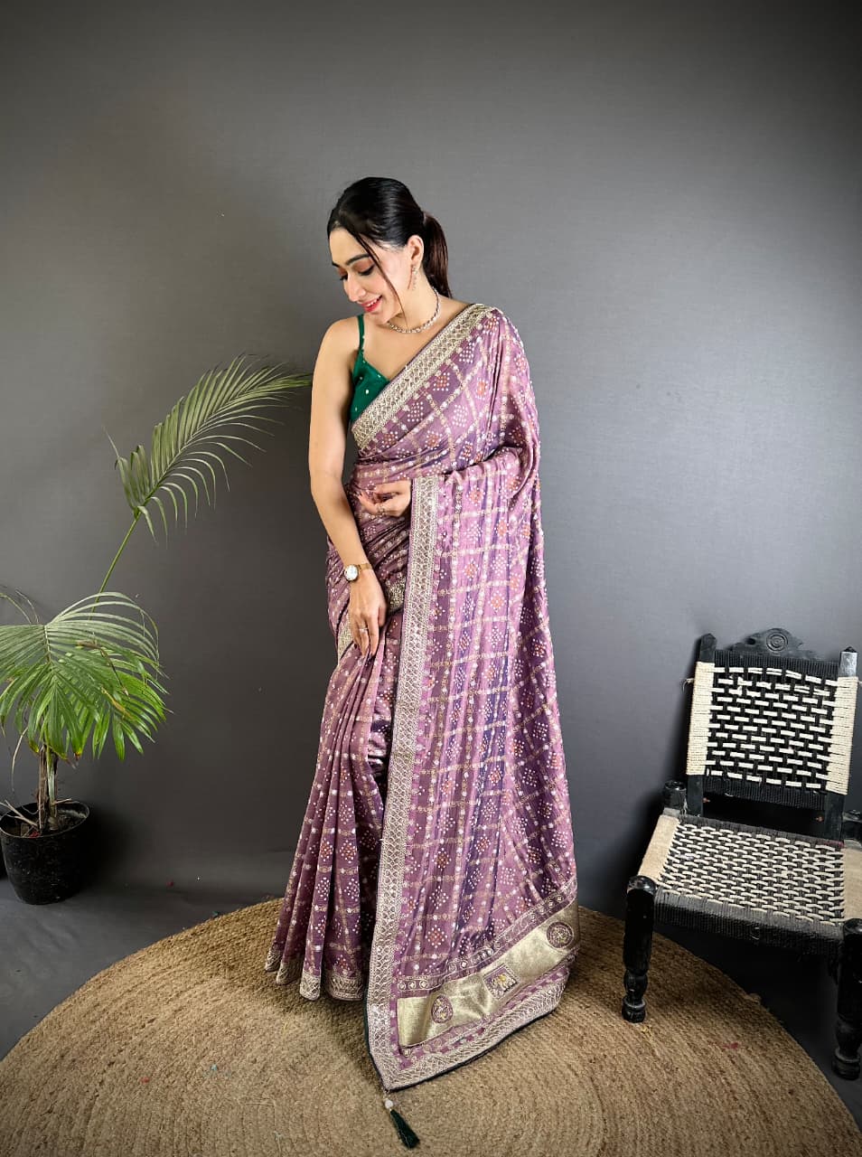 Traditional blooming vichitra khadi bandhej silk saree with sequence work