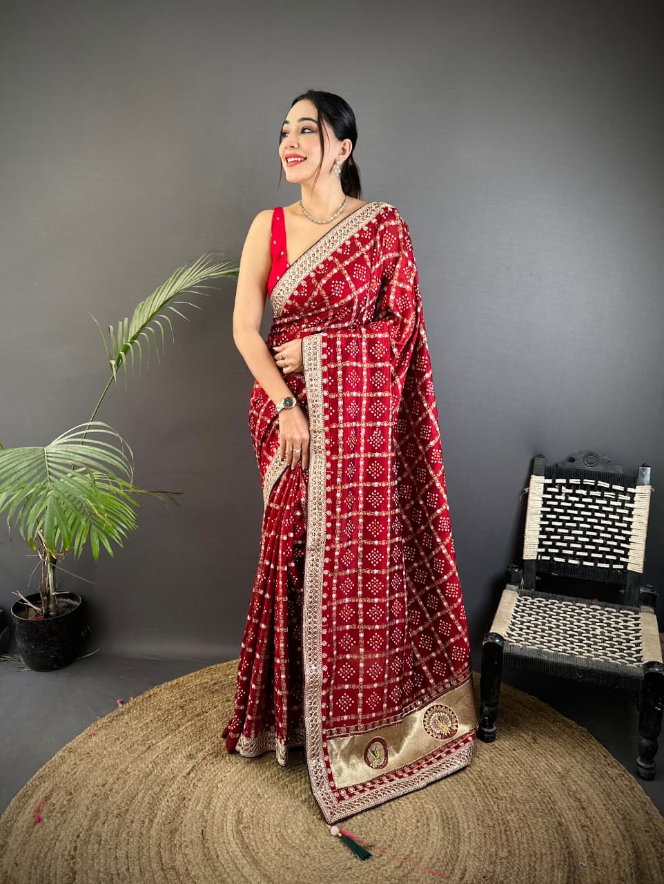 Traditional blooming vichitra khadi bandhej silk saree with sequence work