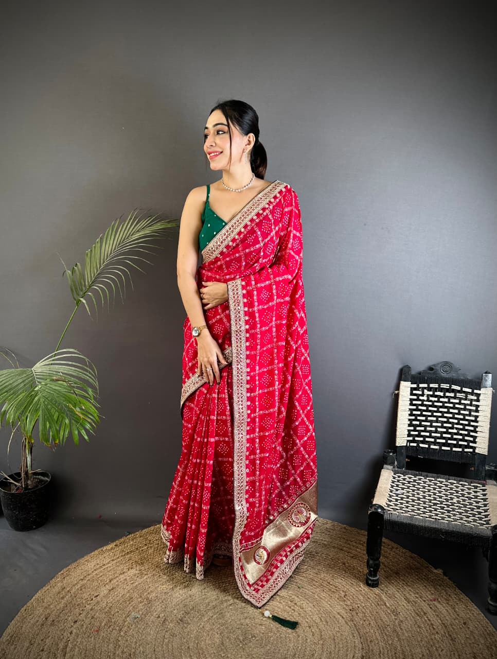Traditional blooming vichitra khadi bandhej silk saree with sequence work