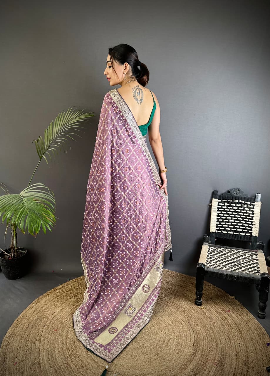 Traditional blooming vichitra khadi bandhej silk saree with sequence work