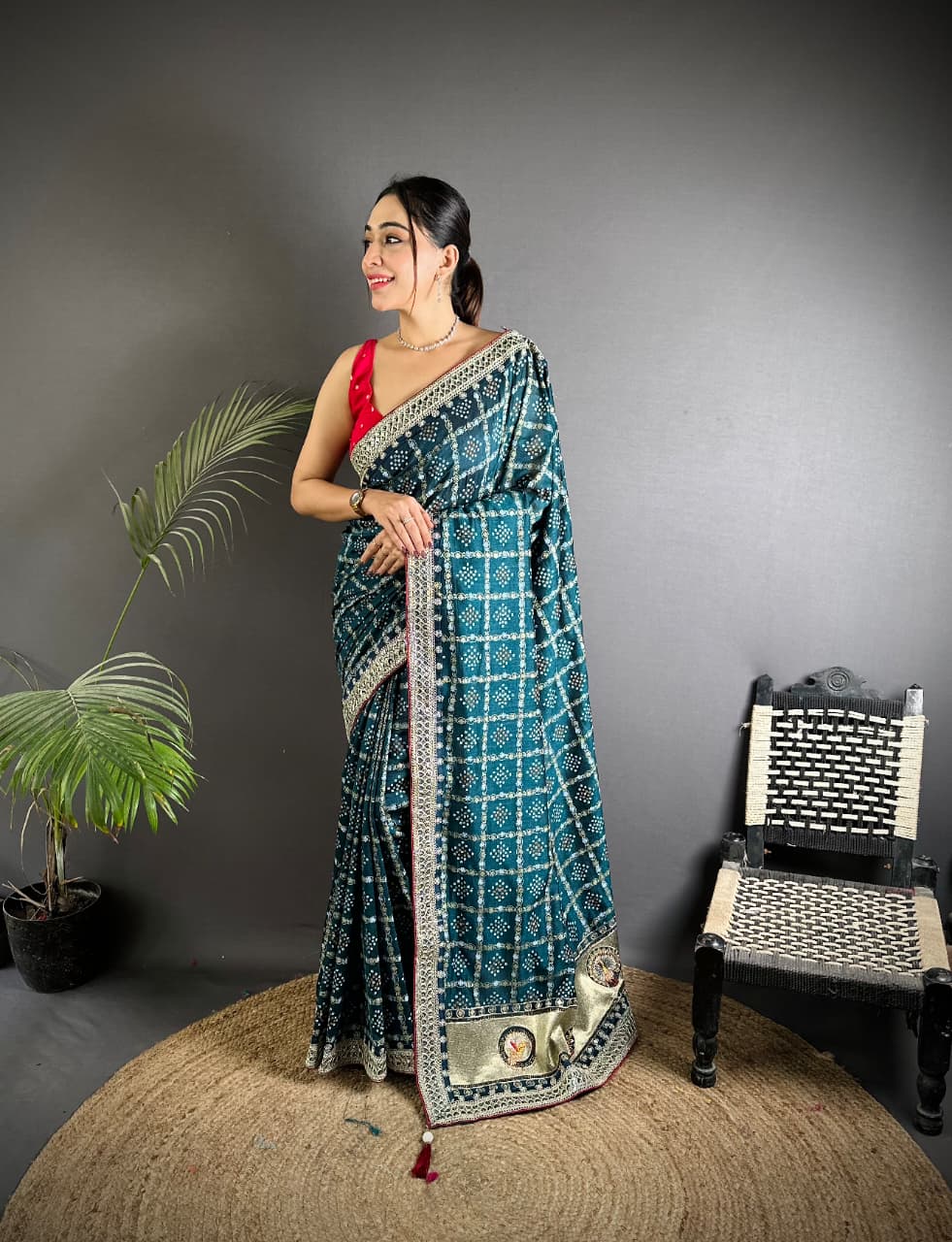 Traditional blooming vichitra khadi bandhej silk saree with sequence work