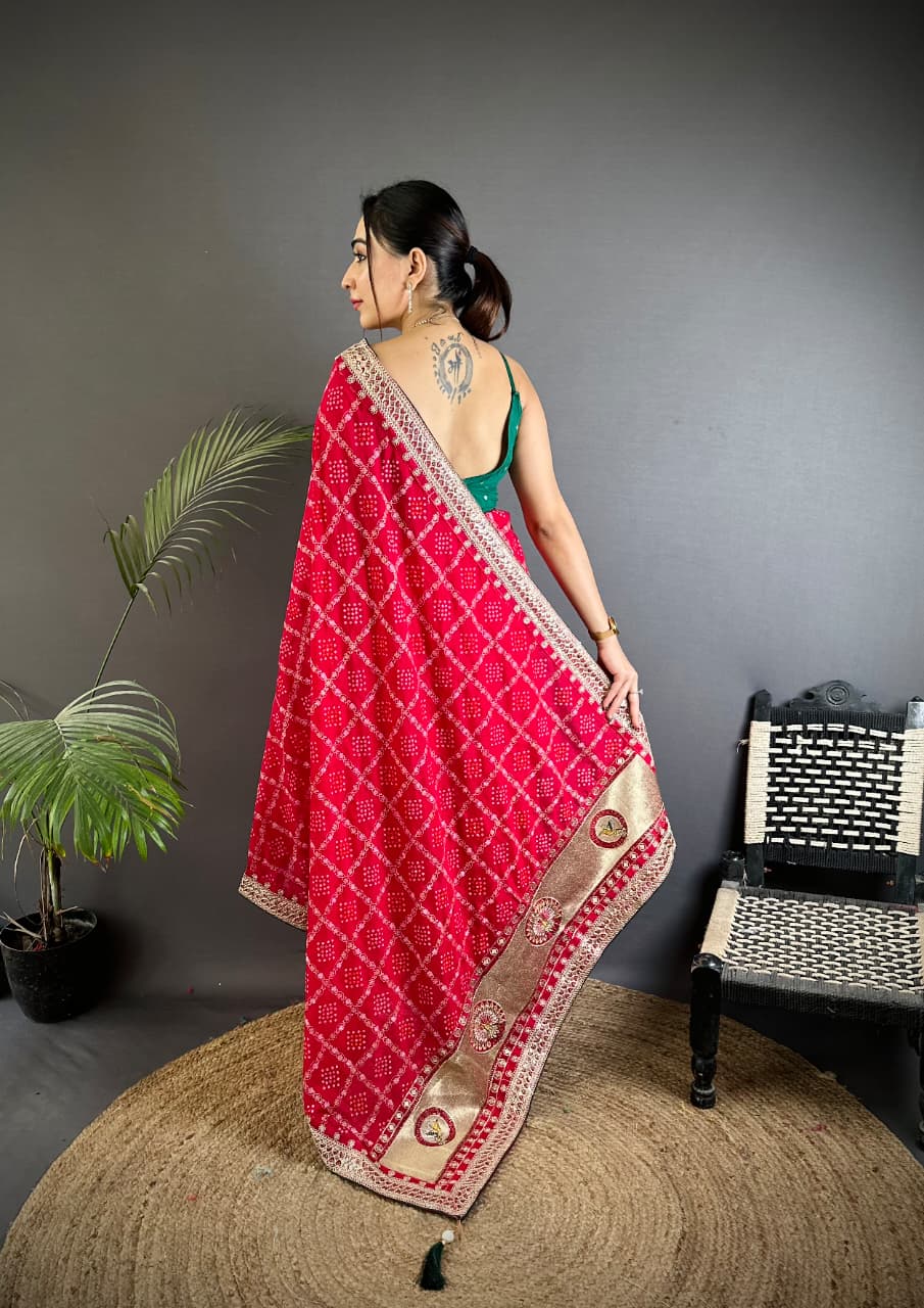 Traditional blooming vichitra khadi bandhej silk saree with sequence work