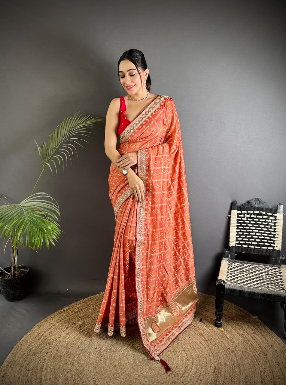 Traditional blooming vichitra khadi bandhej silk saree with sequence work
