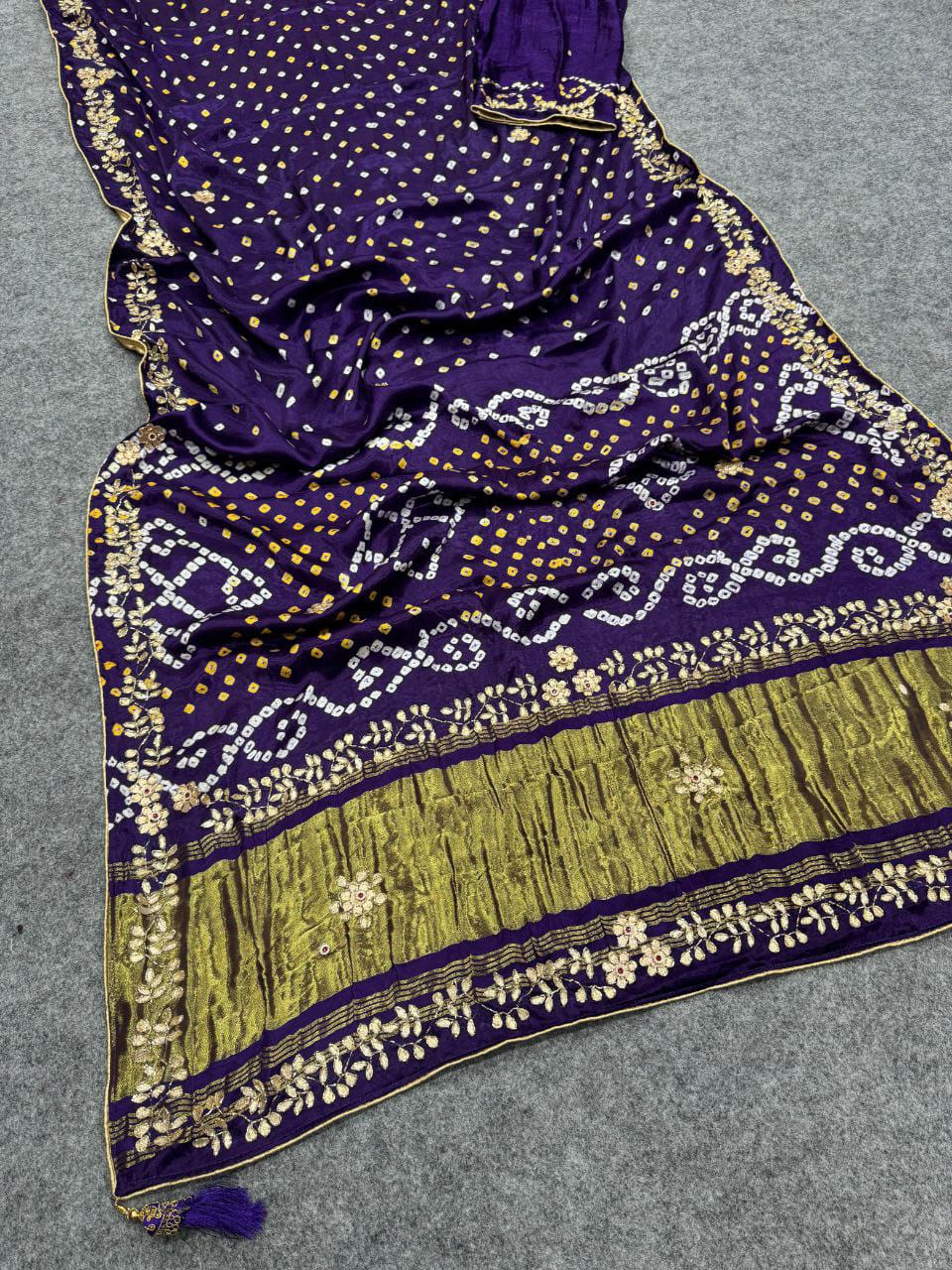 Pure Gajji Silk Saree with Lagdi Patta Pallu, Hand Work & Gotta Patti Work