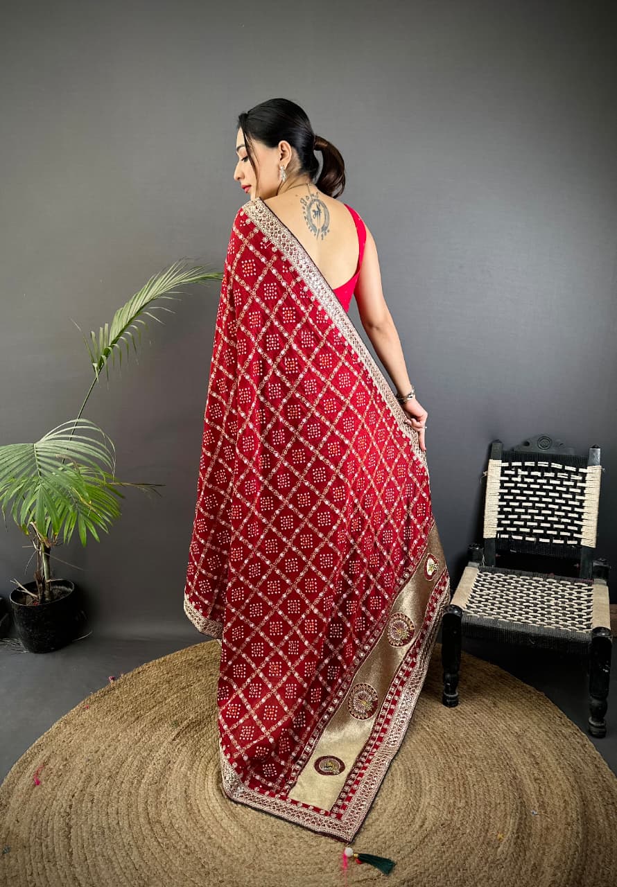 Traditional blooming vichitra khadi bandhej silk saree with sequence work