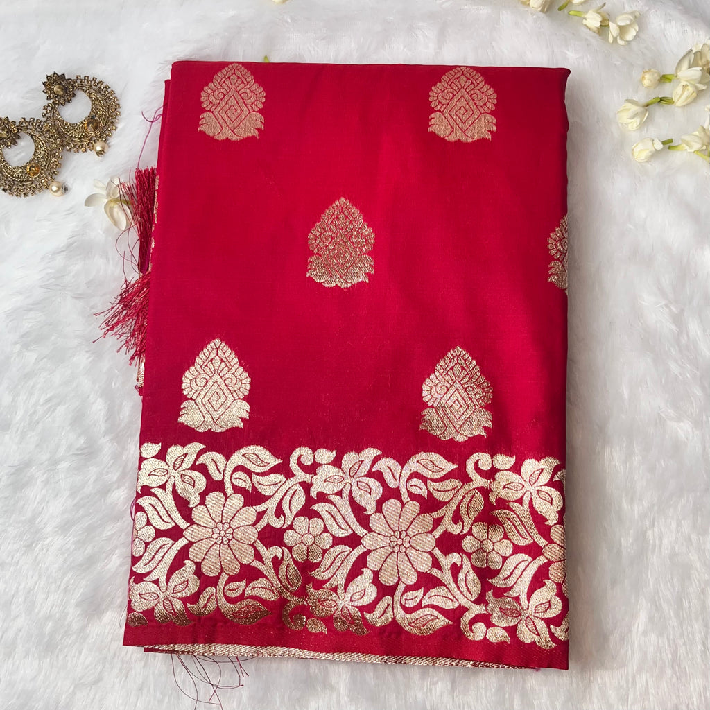 Classic Rani Pink Soft Silk Saree with Golden Zari Buttas & Floral Border