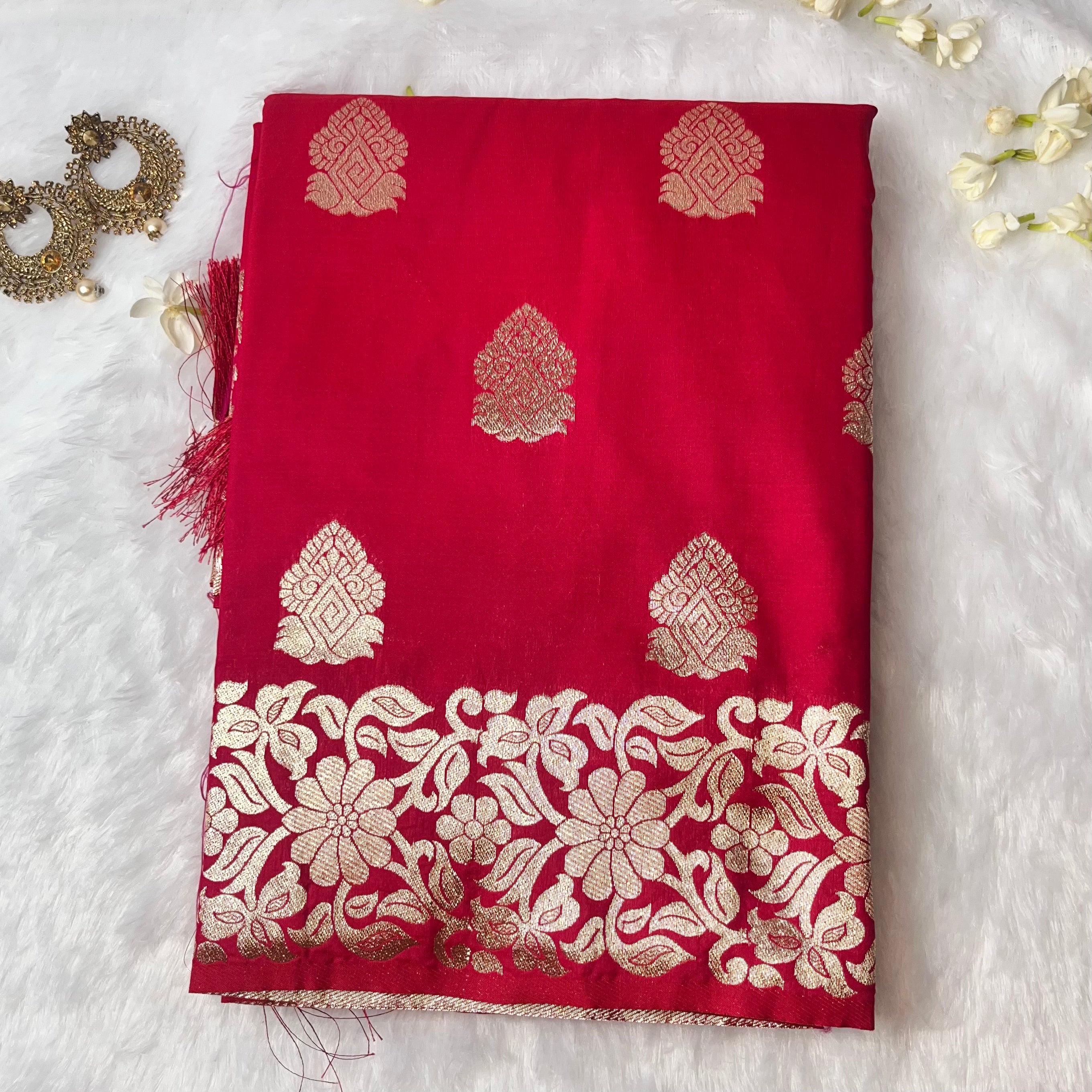Classic Rani Pink Soft Silk Saree with Golden Zari Buttas & Floral Border