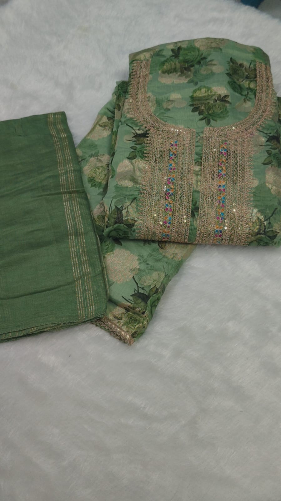 Floral Embroidered Suit Material Set with Dupatta | Multi-Color Collection