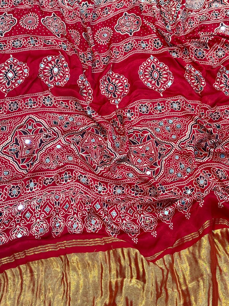 Ajrakh Modal Gaji Bandhej Silk Saree with Lagadi Patta & Mirror Work