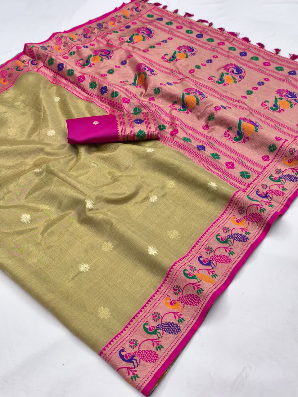 Soft Tissue Paithani Silk Saree with Meenakari & Zari Weaving Work