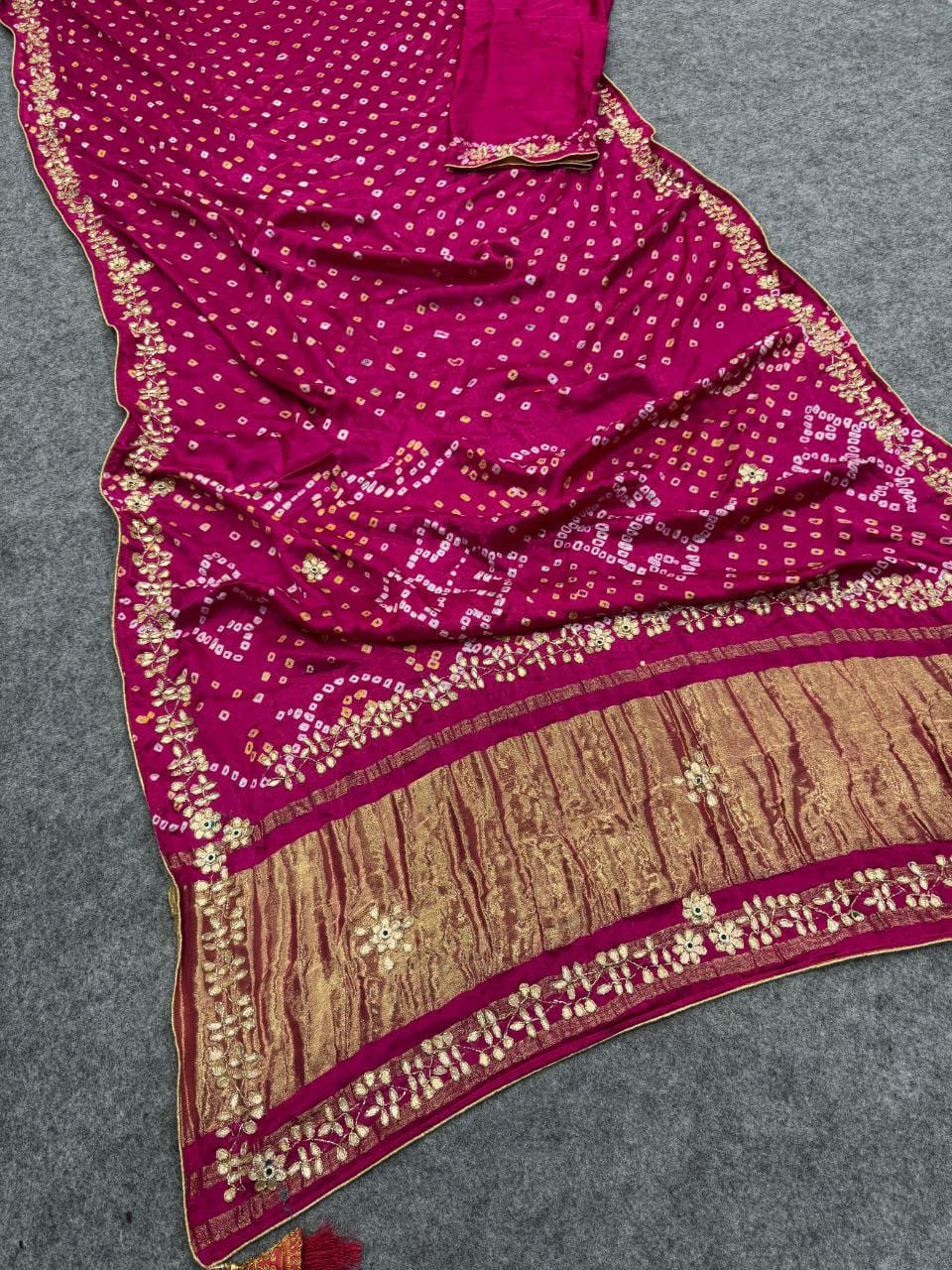 Pure Gajji Silk Saree with Lagdi Patta Pallu, Hand Work & Gotta Patti Work