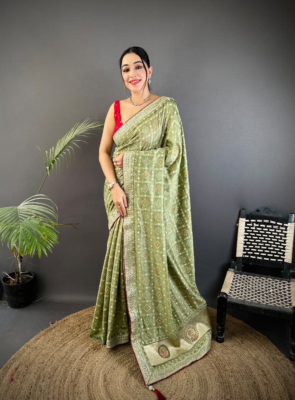 Traditional blooming vichitra khadi bandhej silk saree with sequence work