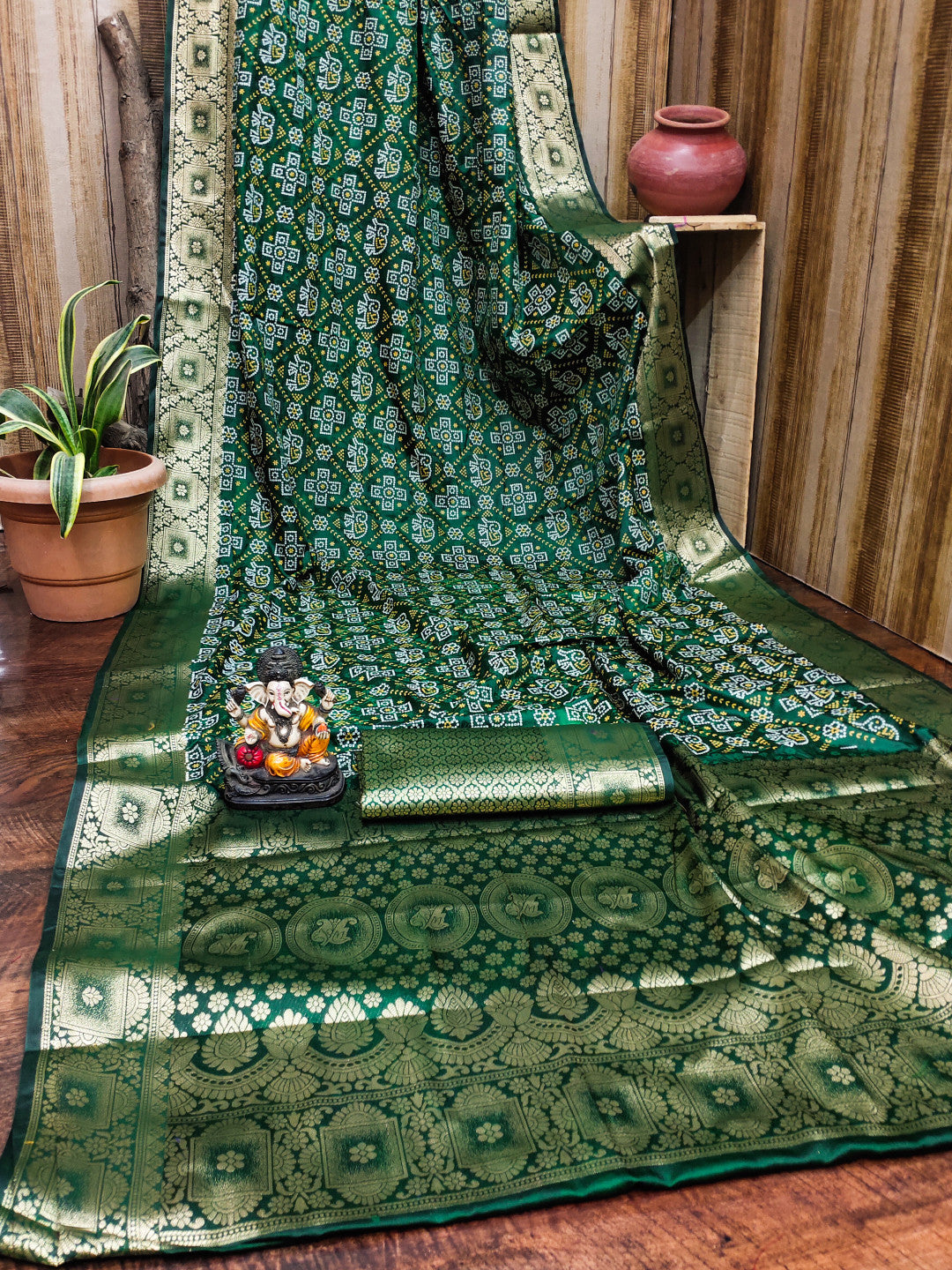 Satin Silk Bandhej Saree with Zari Weaving Border & Pallu