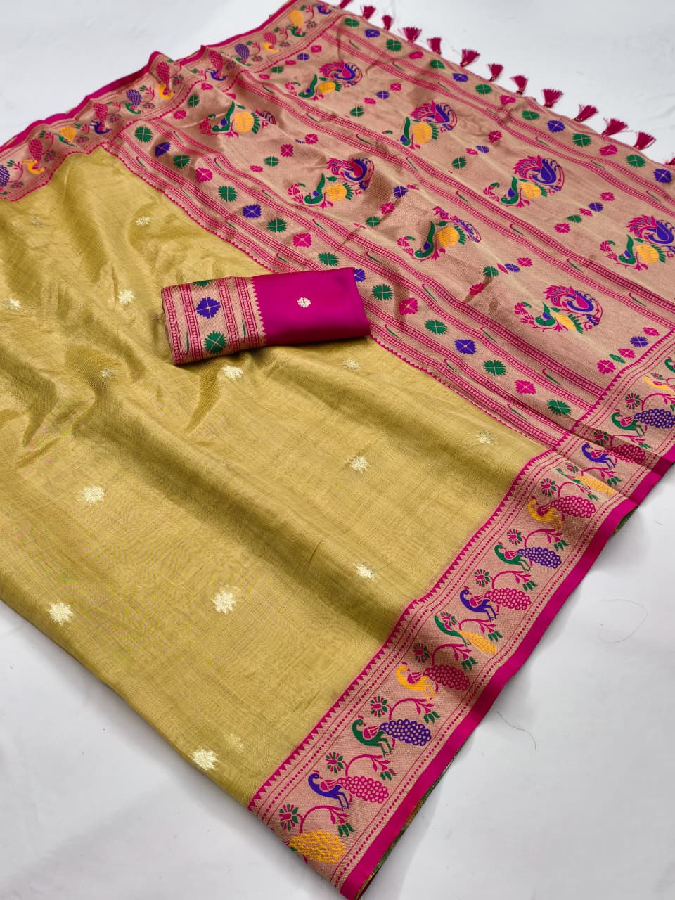 Soft Tissue Paithani Silk Saree with Meenakari & Zari Weaving Work
