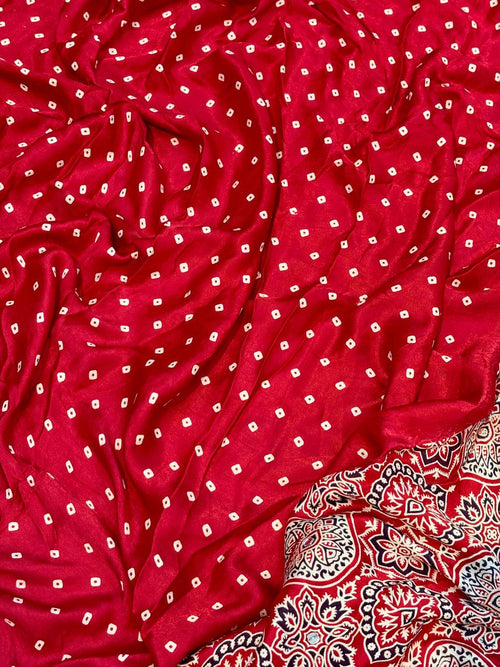 Ajrakh Modal Gaji Bandhej Silk Saree with Lagadi Patta & Mirror Work