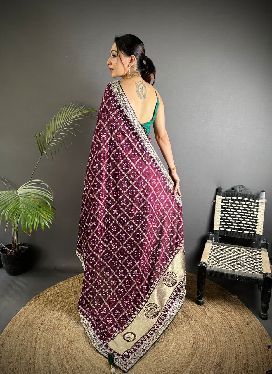 Traditional blooming vichitra khadi bandhej silk saree with sequence work