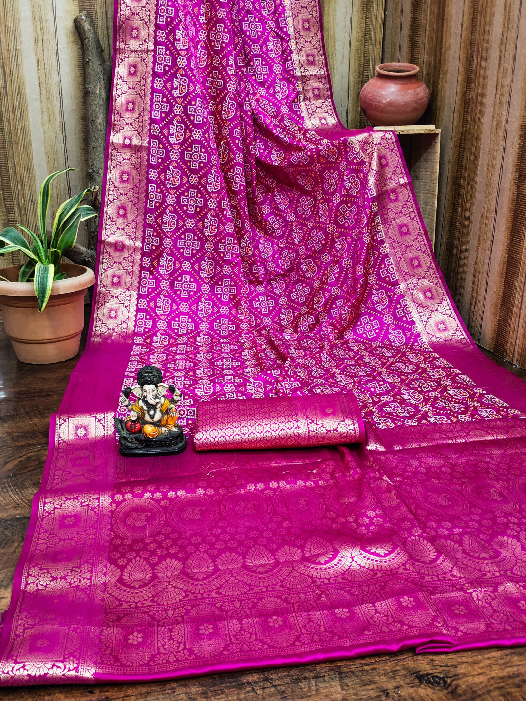 Satin Silk Bandhej Saree with Zari Weaving Border & Pallu