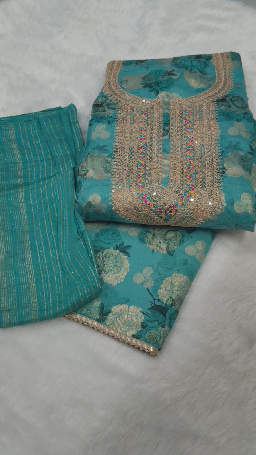 Floral Embroidered Suit Material Set with Dupatta | Multi-Color Collection