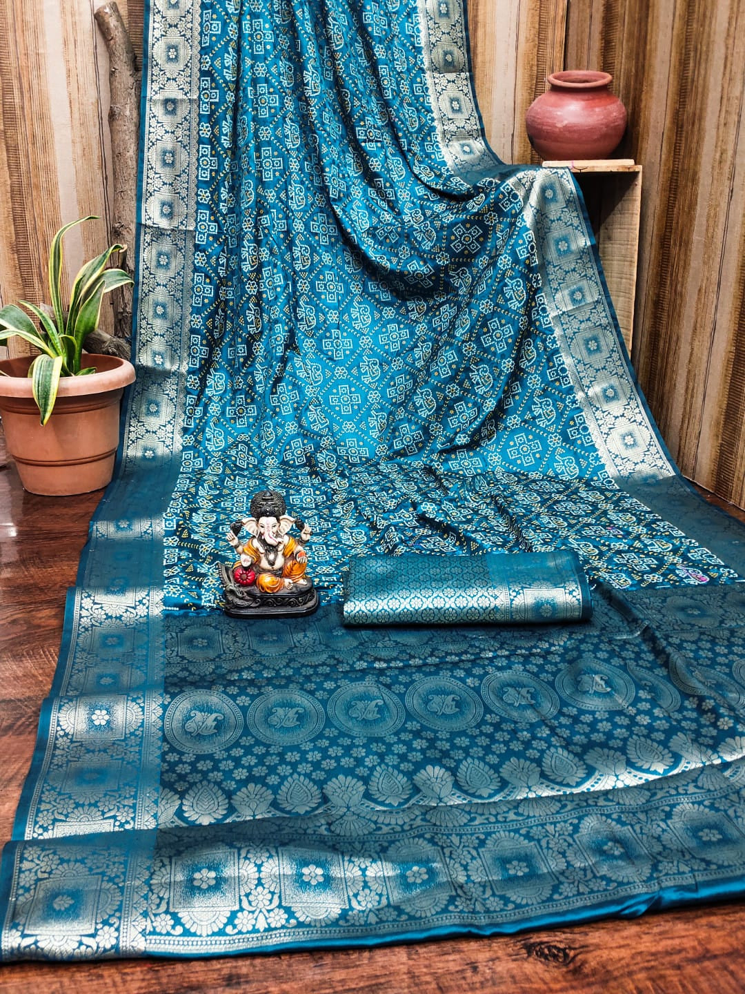 Satin Silk Bandhej Saree with Zari Weaving Border & Pallu