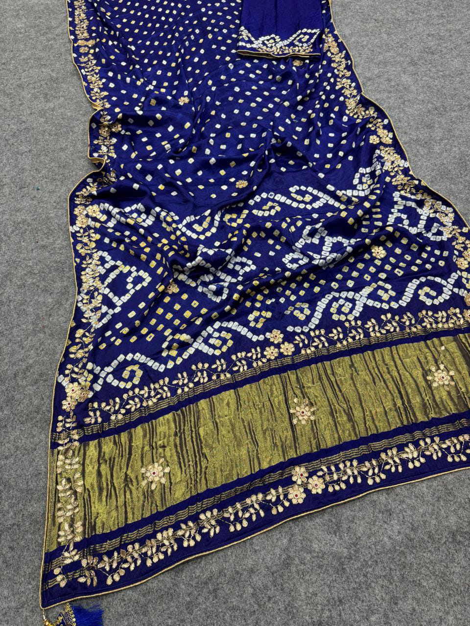 Pure Gajji Silk Saree with Lagdi Patta Pallu, Hand Work & Gotta Patti Work