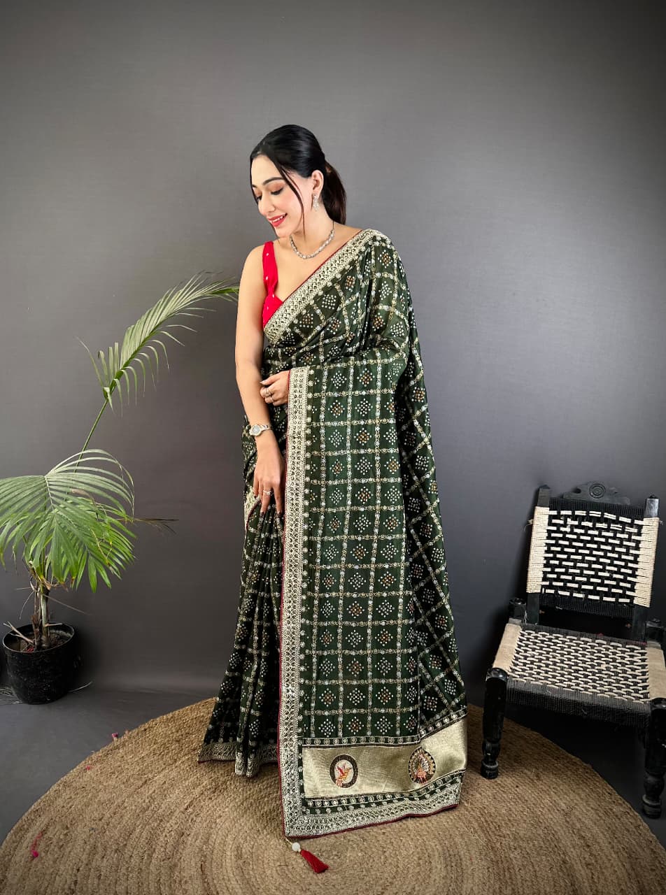 Traditional blooming vichitra khadi bandhej silk saree with sequence work