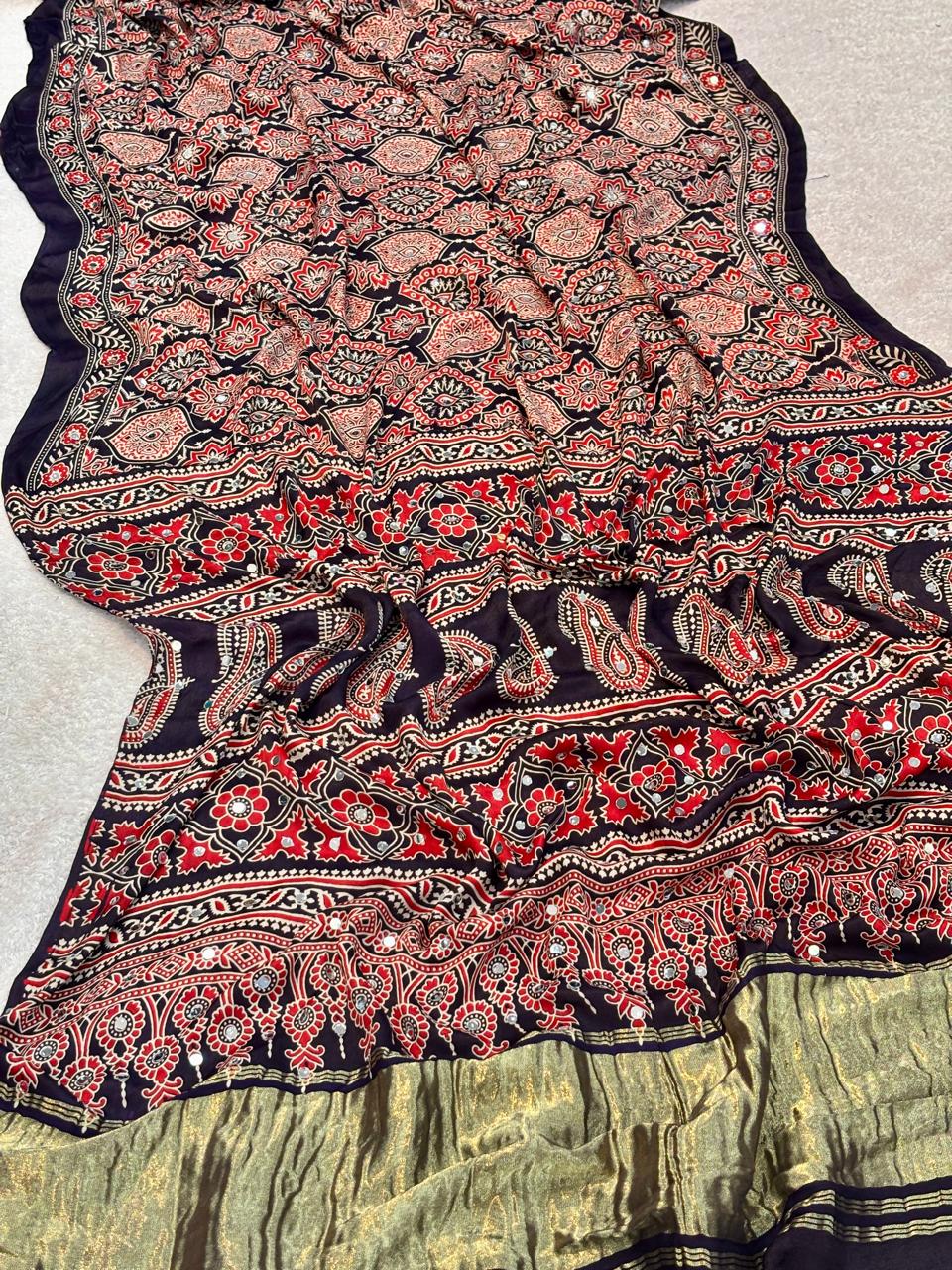 Ajrakh Modal Gaji Bandhej Silk Saree with Lagadi Patta & Mirror Work