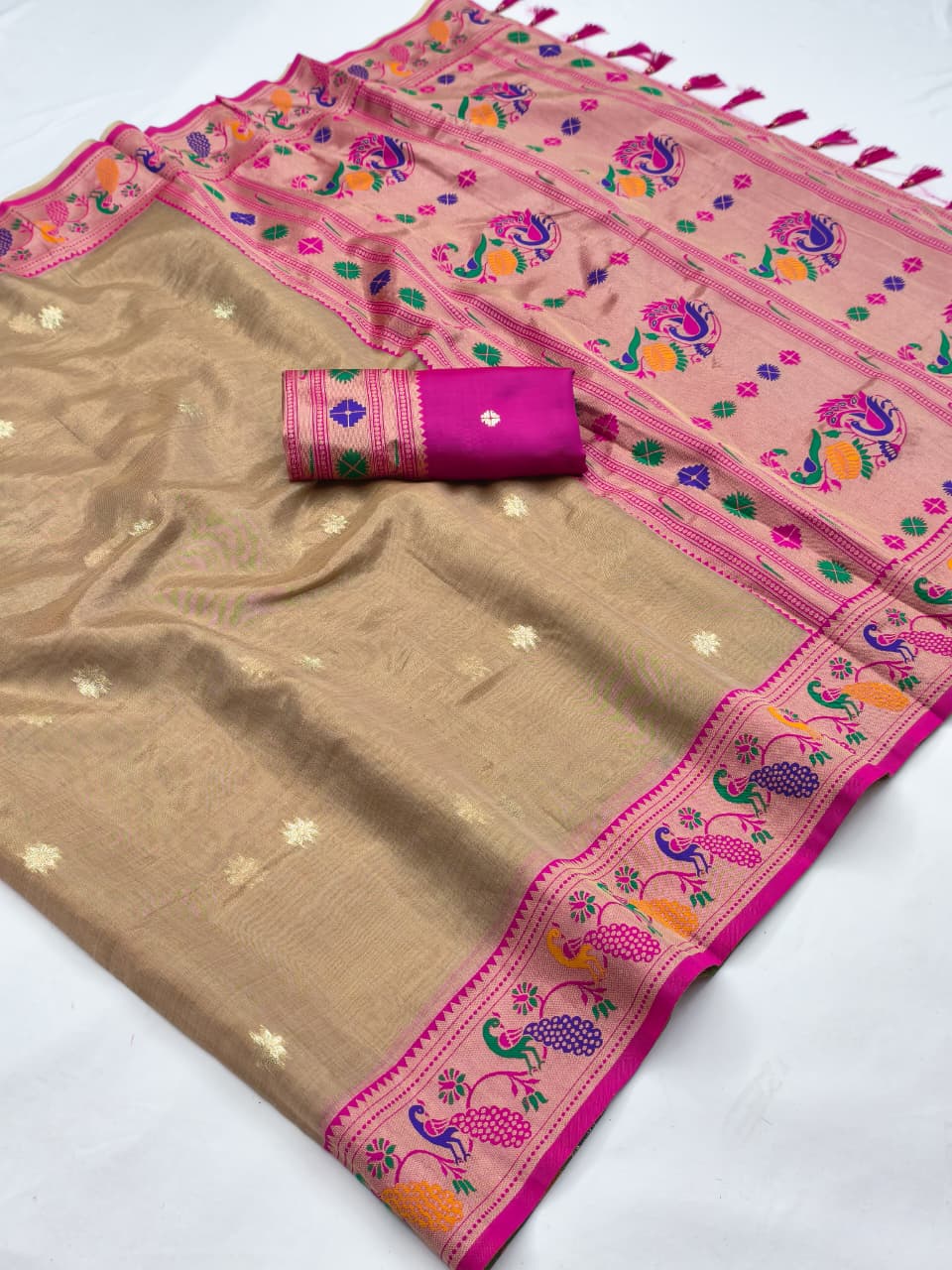 Soft Tissue Paithani Silk Saree with Meenakari & Zari Weaving Work