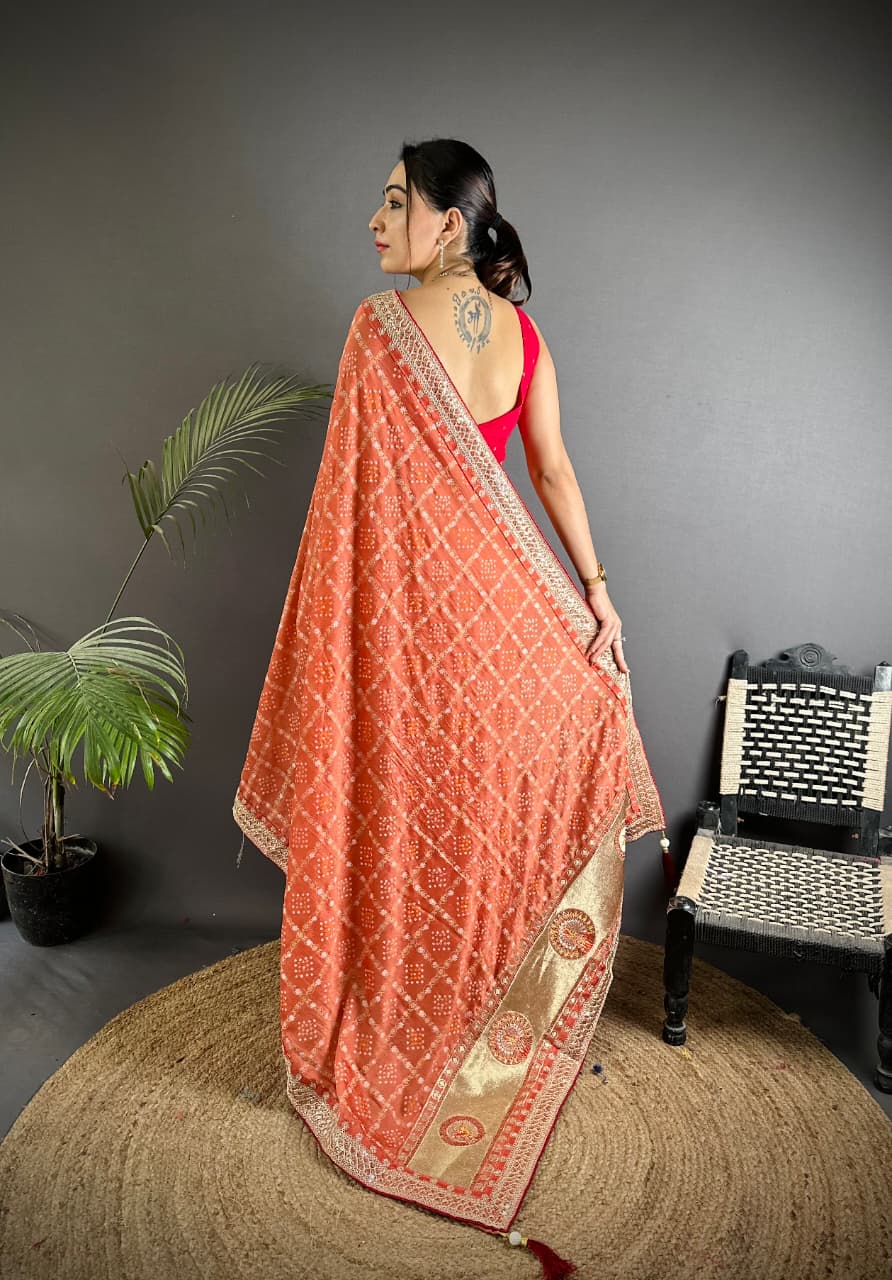 Traditional blooming vichitra khadi bandhej silk saree with sequence work