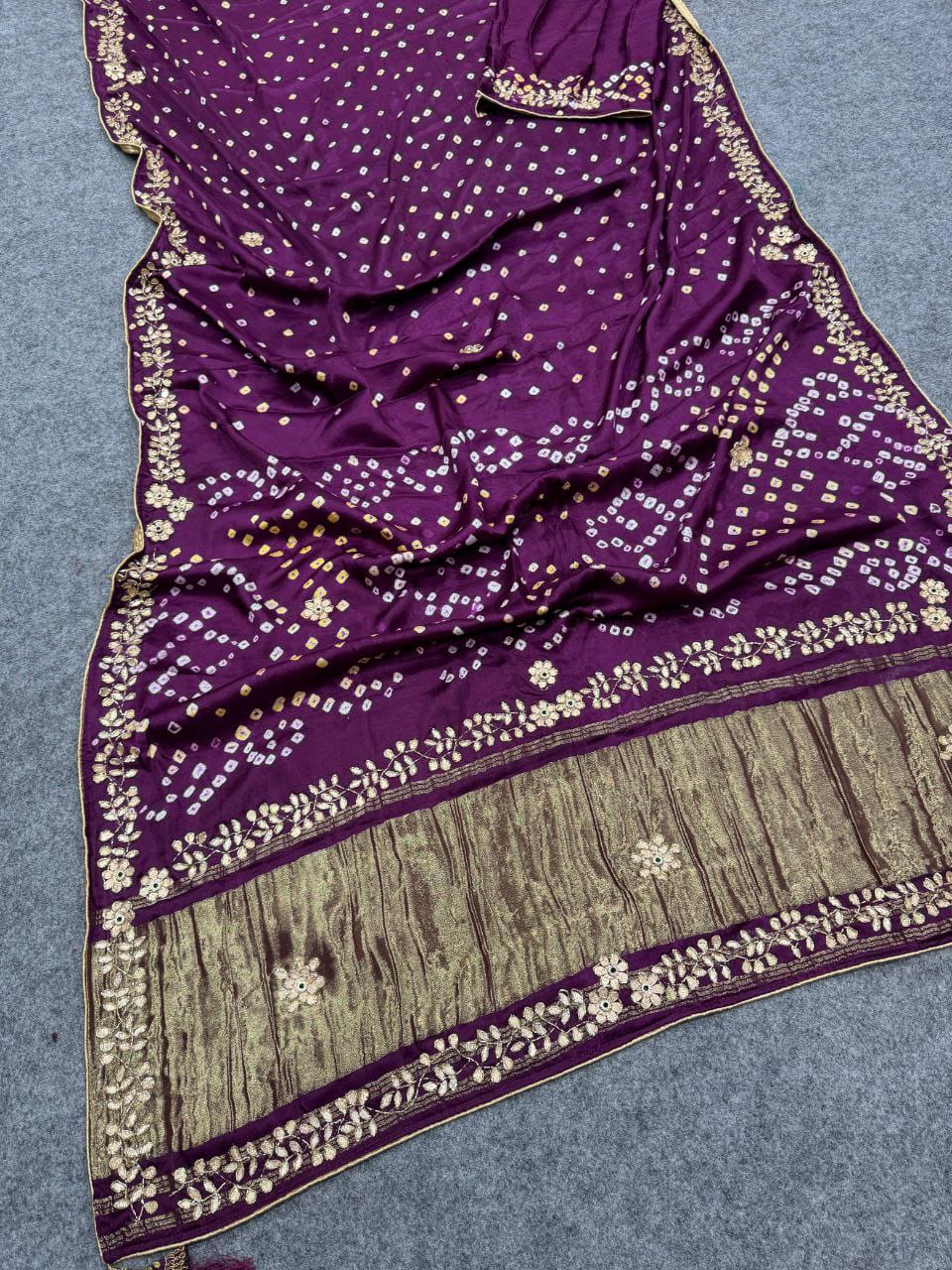 Pure Gajji Silk Saree with Lagdi Patta Pallu, Hand Work & Gotta Patti Work