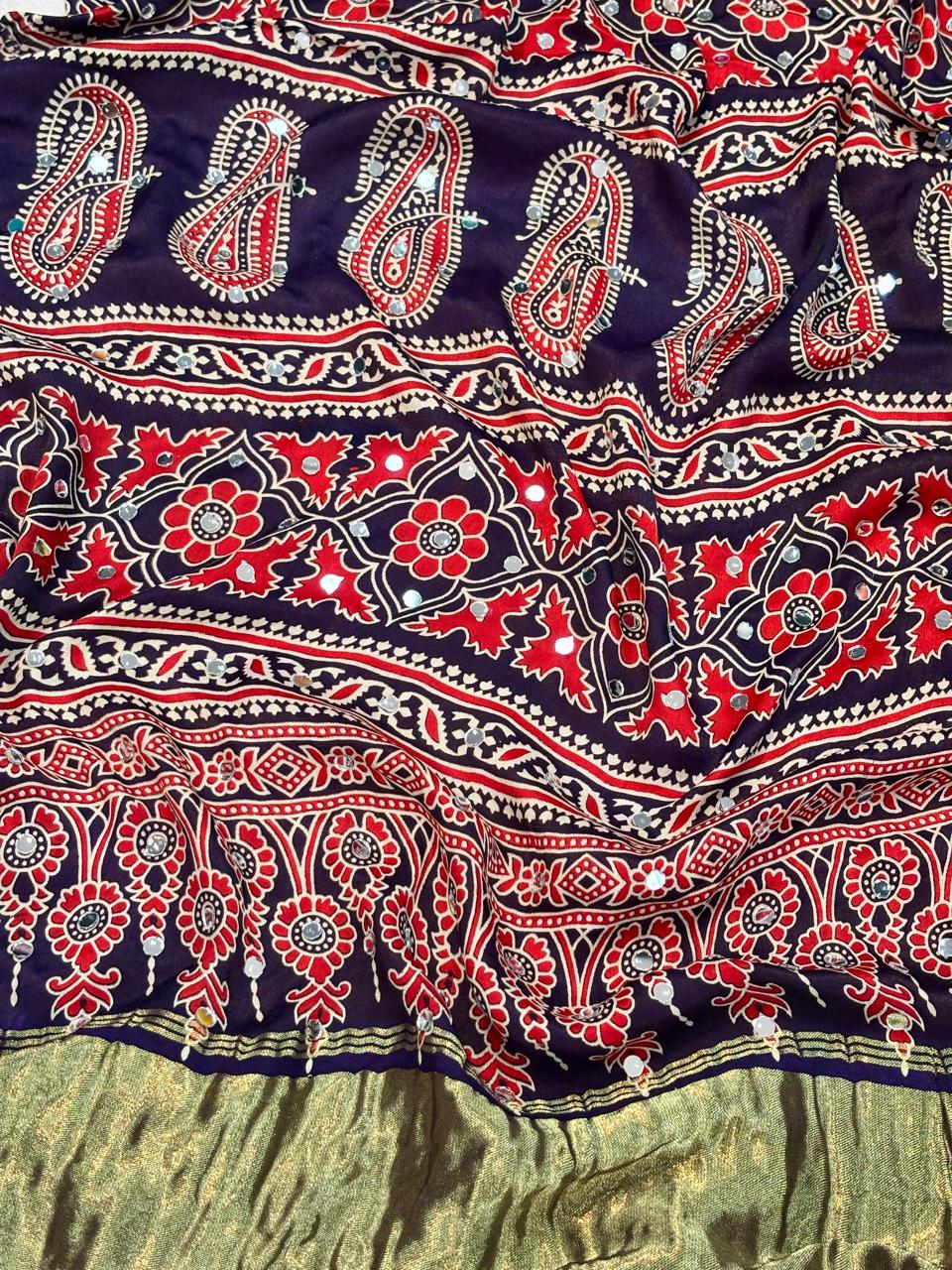 Ajrakh Modal Gaji Bandhej Silk Saree with Lagadi Patta & Mirror Work
