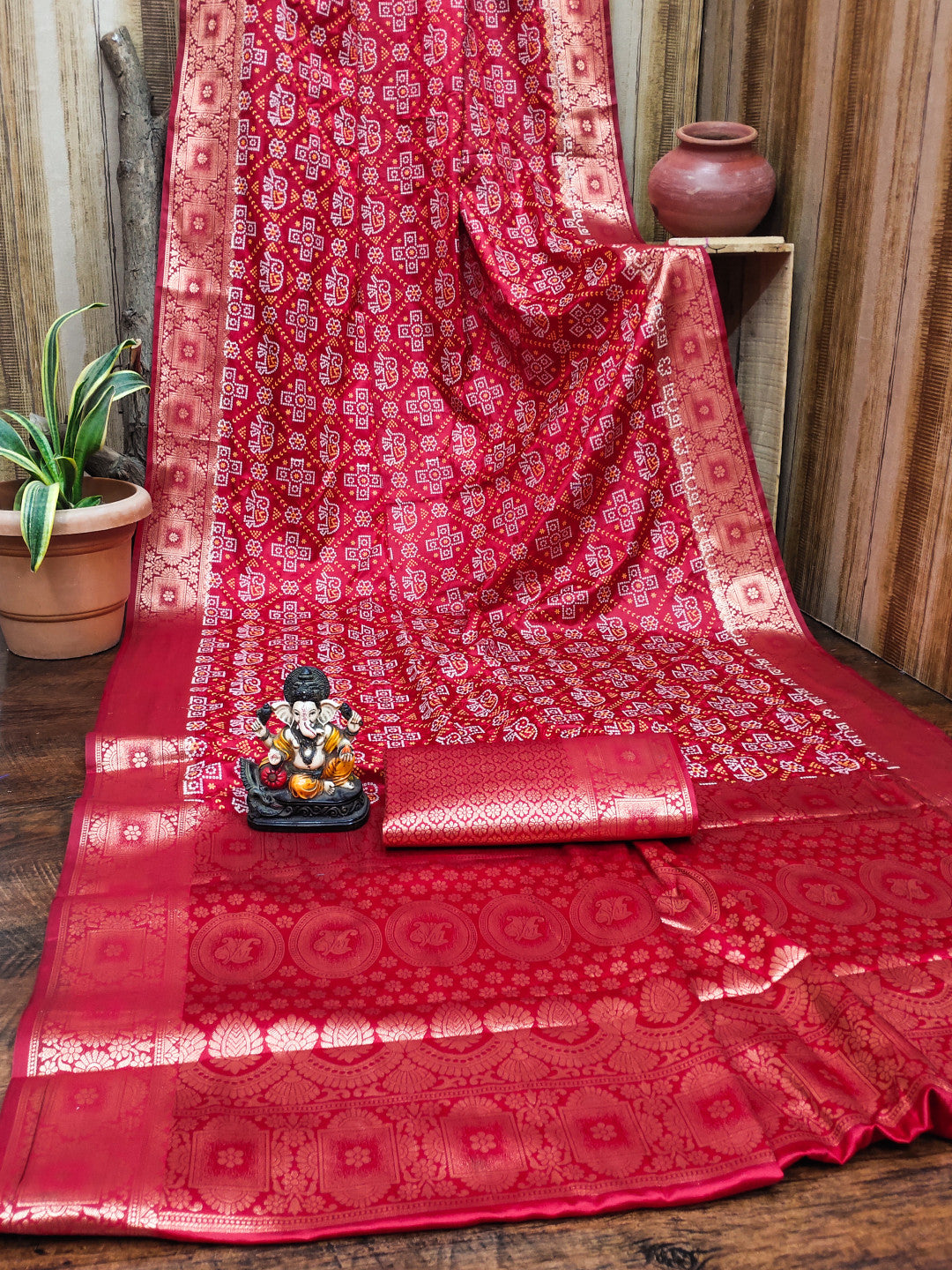 Satin Silk Bandhej Saree with Zari Weaving Border & Pallu