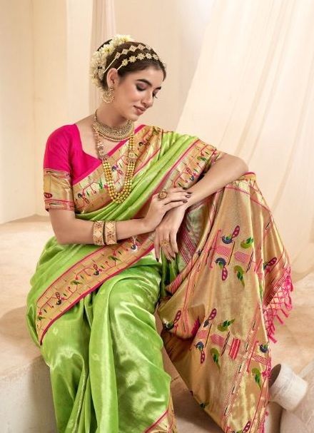Soft Tissue Paithani Silk Saree with Zari Weaving Work
