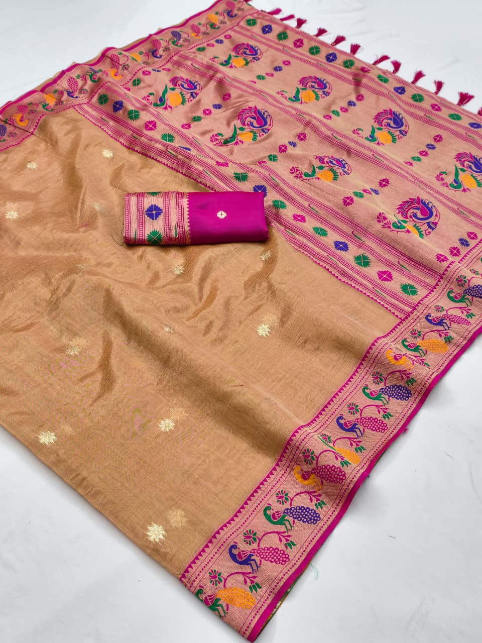 Soft Tissue Paithani Silk Saree with Meenakari & Zari Weaving Work