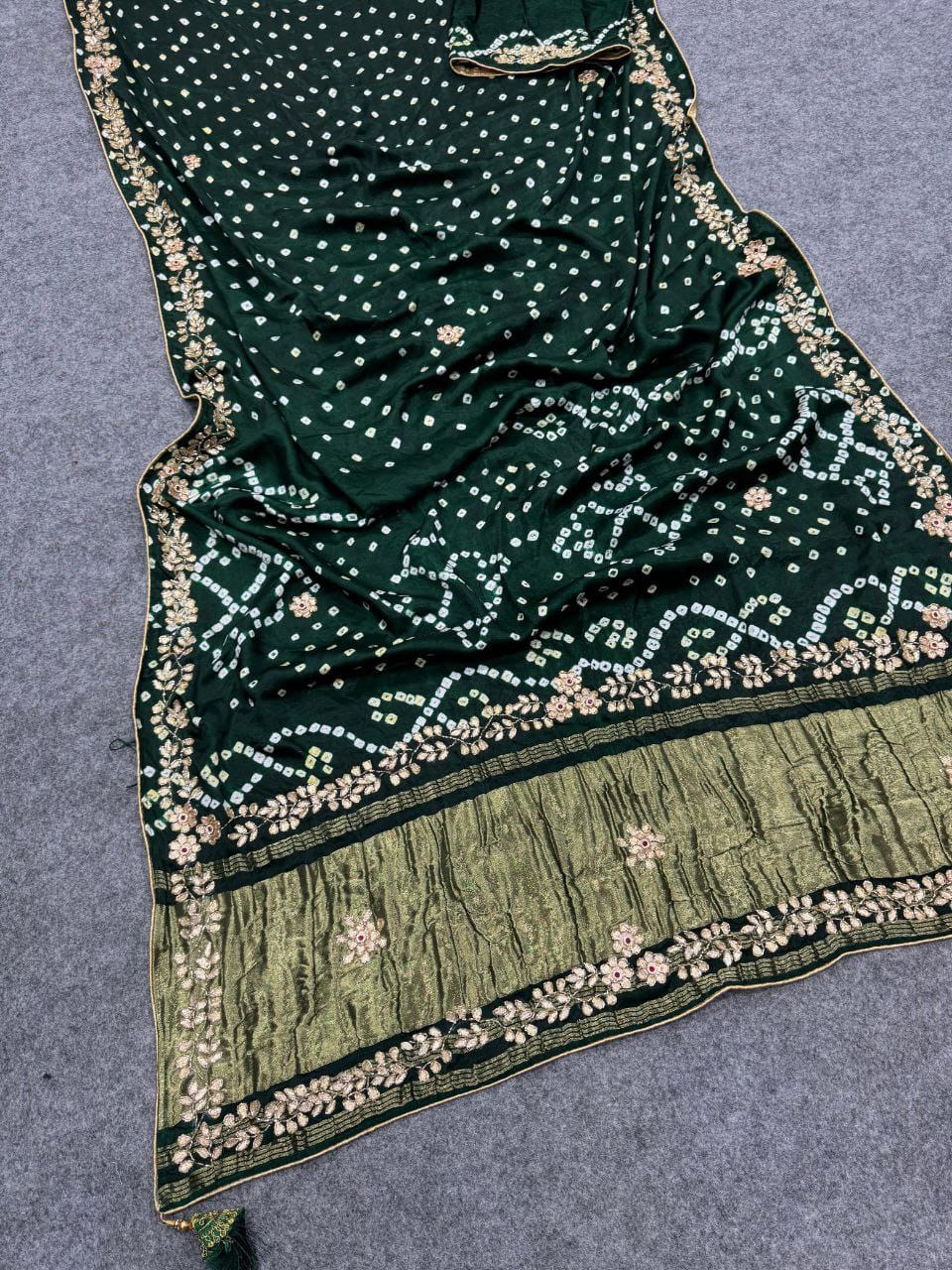 Pure Gajji Silk Saree with Lagdi Patta Pallu, Hand Work & Gotta Patti Work