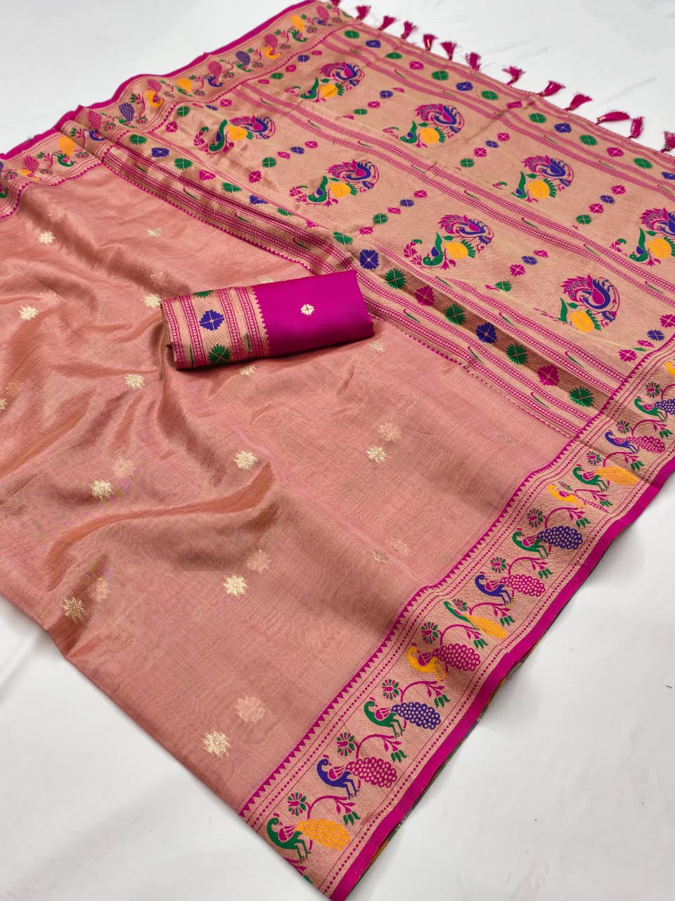 Soft Tissue Paithani Silk Saree with Meenakari & Zari Weaving Work