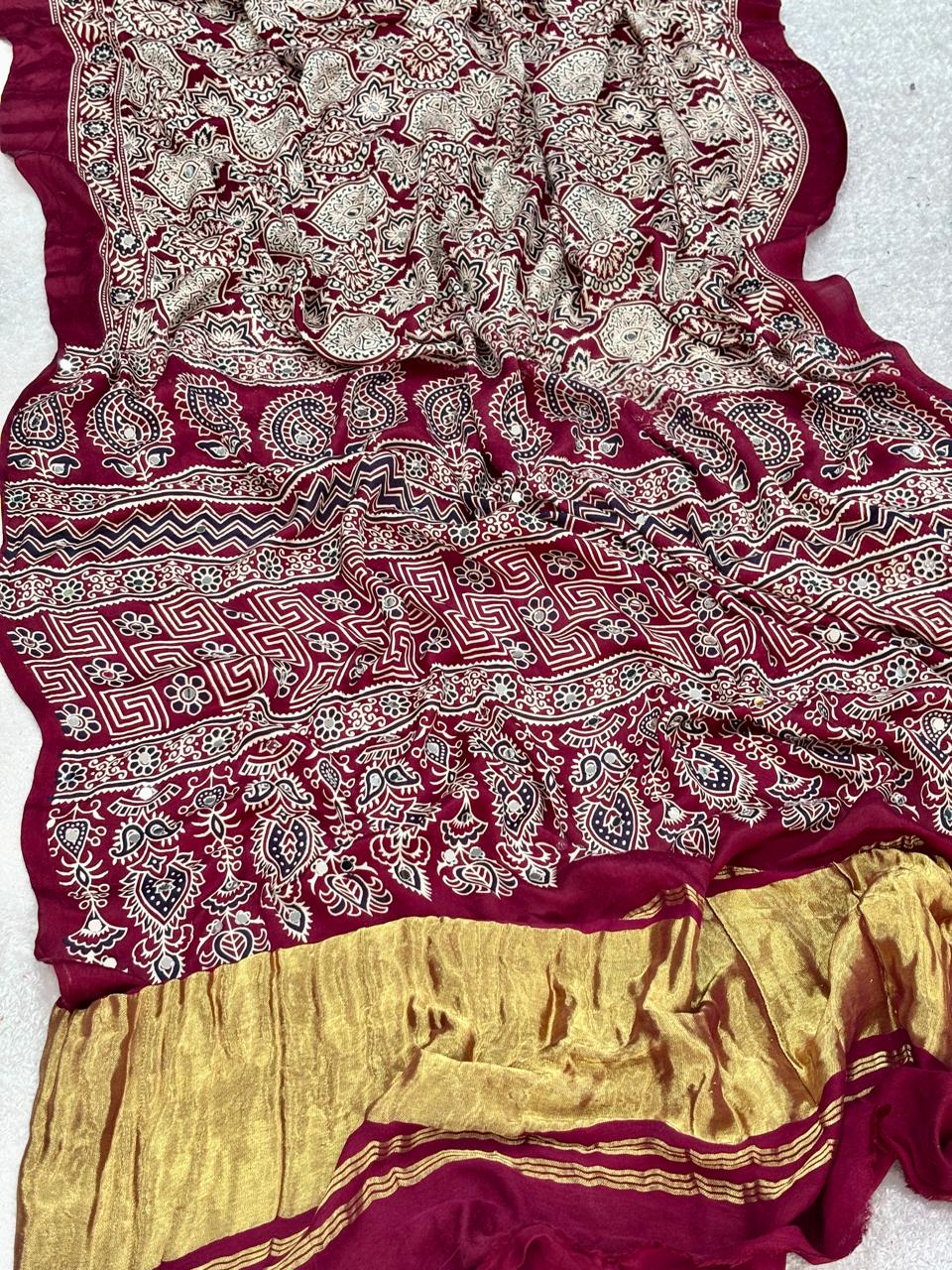 Ajrakh Modal Gaji Bandhej Silk Saree with Lagadi Patta & Mirror Work