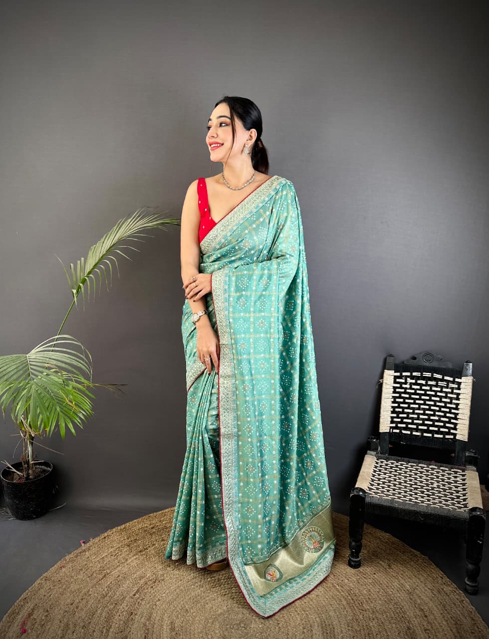 Traditional blooming vichitra khadi bandhej silk saree with sequence work