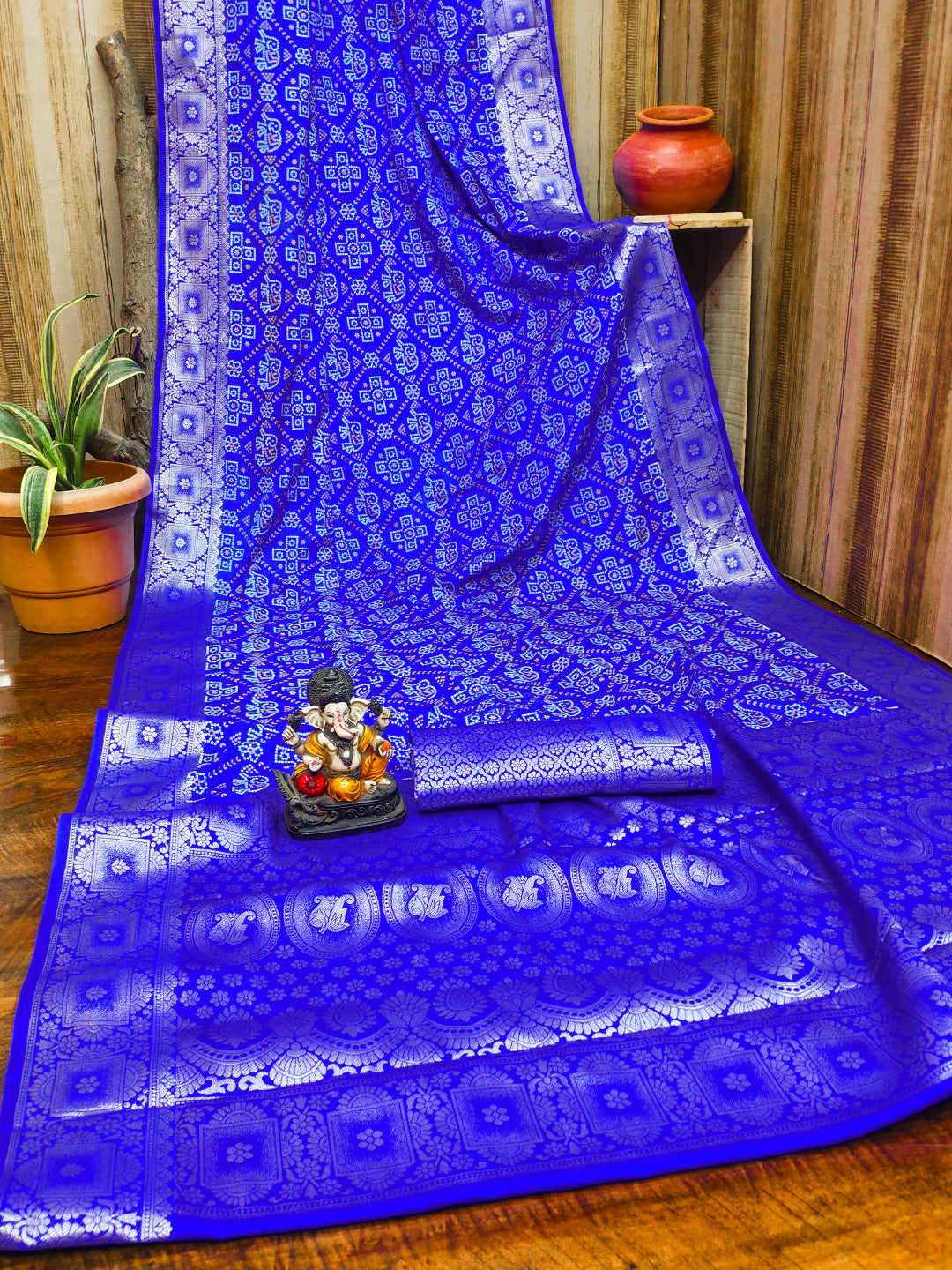 Satin Silk Bandhej Saree with Zari Weaving Border & Pallu