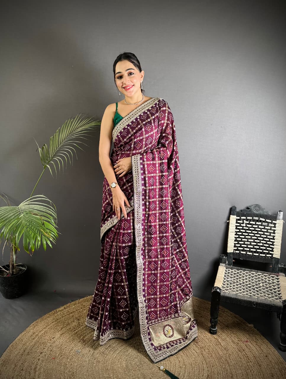 Traditional blooming vichitra khadi bandhej silk saree with sequence work