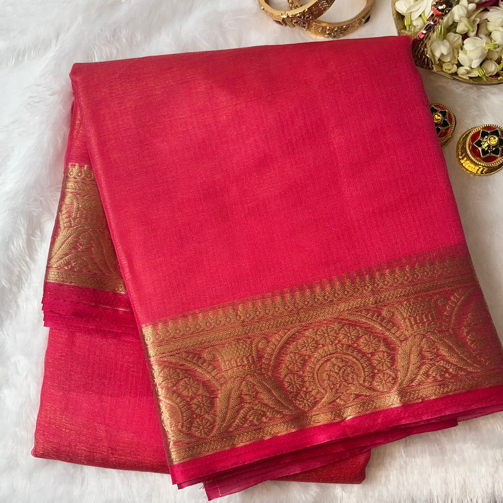 Coral Pink Shimmer Organza Saree with Intricate Zari Border