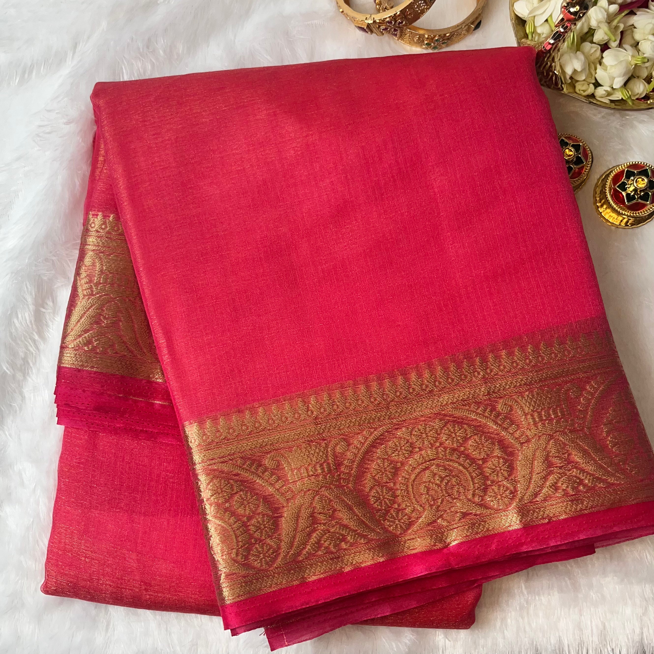 Coral Pink Shimmer Organza Saree with Intricate Zari Border