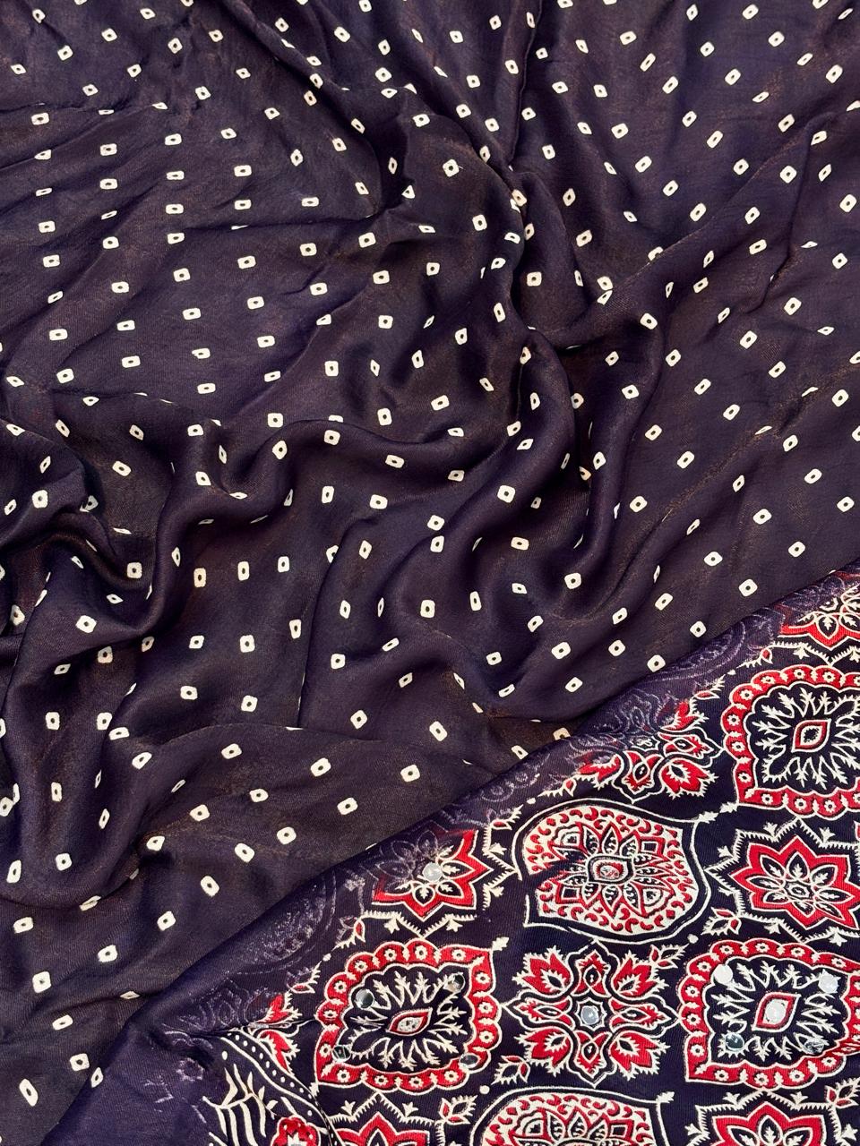 Ajrakh Modal Gaji Bandhej Silk Saree with Lagadi Patta & Mirror Work