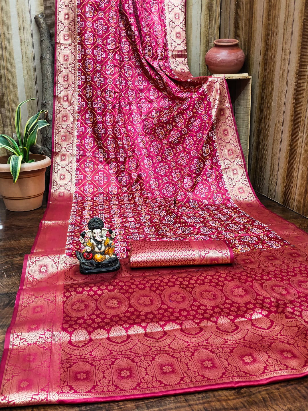 Satin Silk Bandhej Saree with Zari Weaving Border & Pallu
