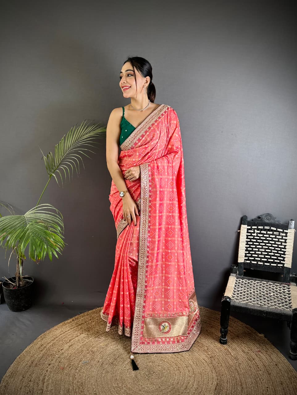 Traditional blooming vichitra khadi bandhej silk saree with sequence work