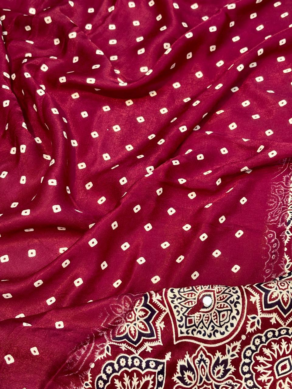 Ajrakh Modal Gaji Bandhej Silk Saree with Lagadi Patta & Mirror Work