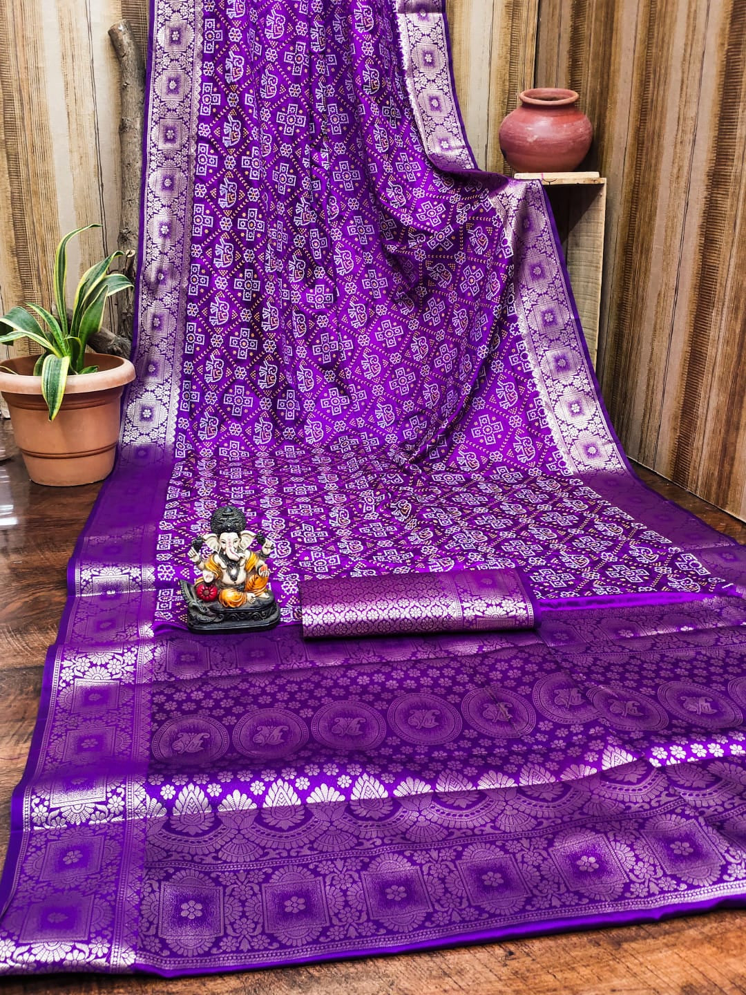 Satin Silk Bandhej Saree with Zari Weaving Border & Pallu